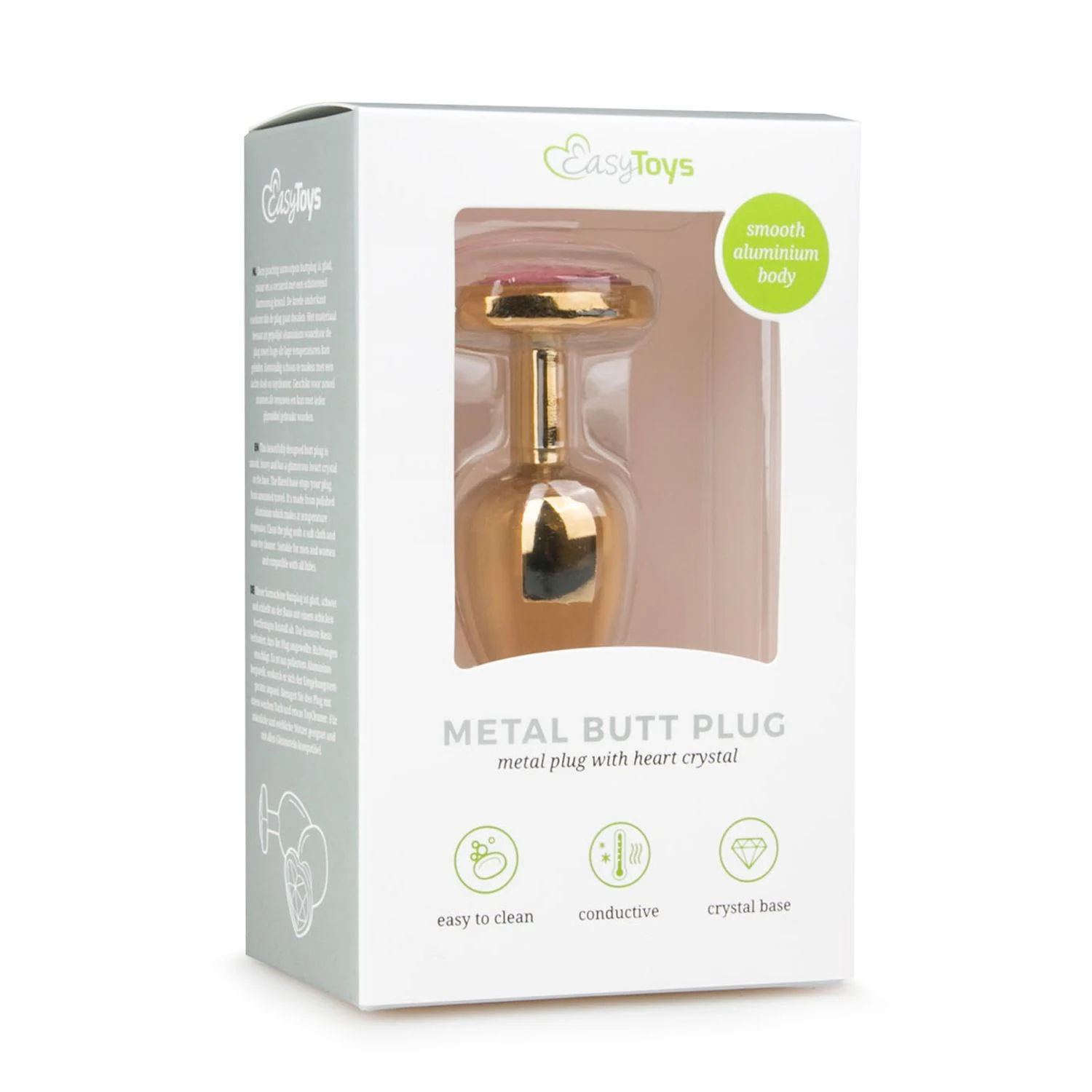 Gouden metalen buttplug met roze hartvormig kristal en platte onderkant