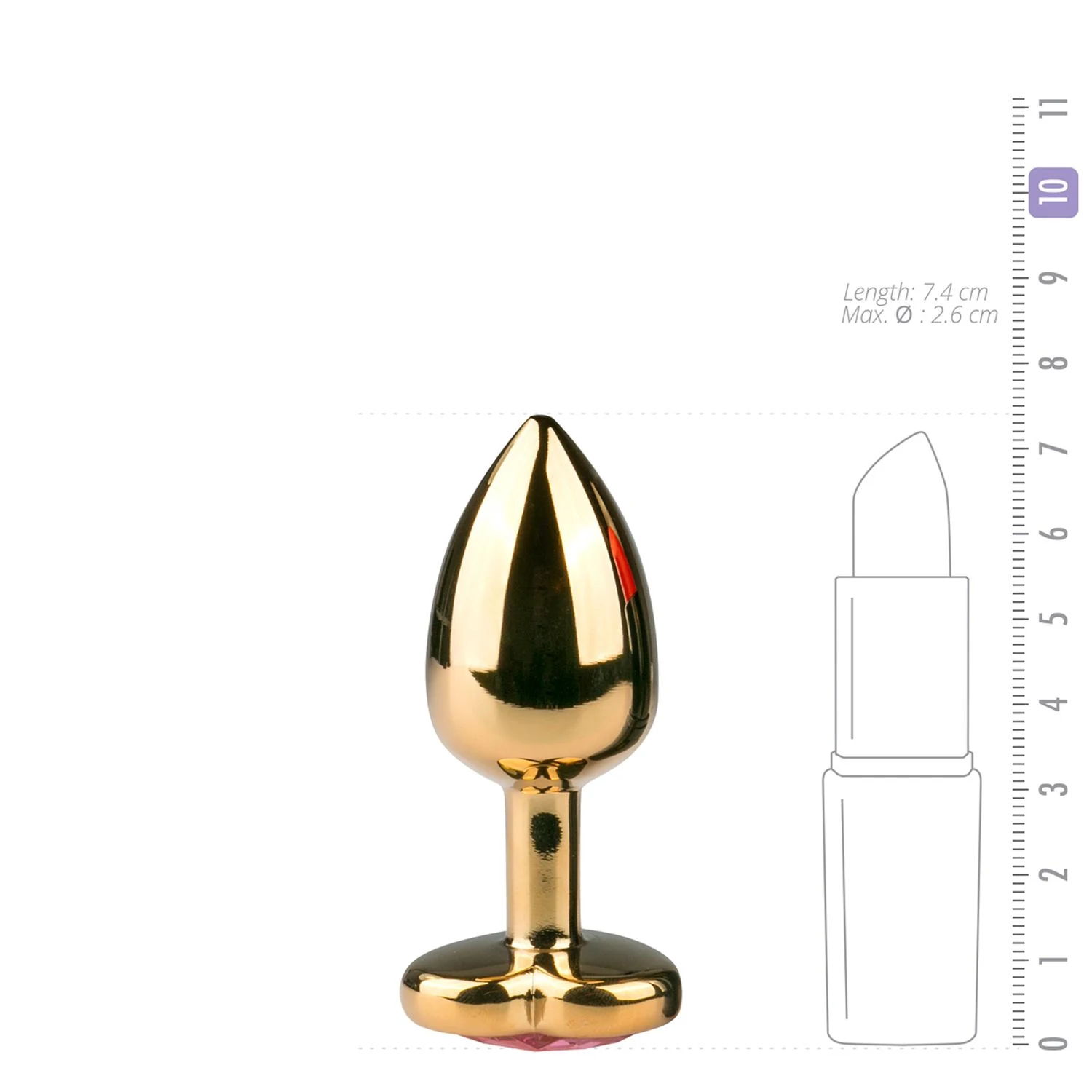 Waterproof metalen buttplug met roze hartje, lengte 74 mm en invoerdiepte 63 mm