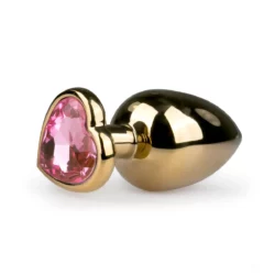 Metalen buttplug met roze hartje in goudkleurig aluminium