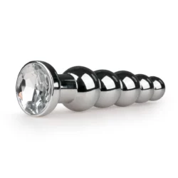 Metalen buttplug van aluminium met transparante steen en zilveren kleur