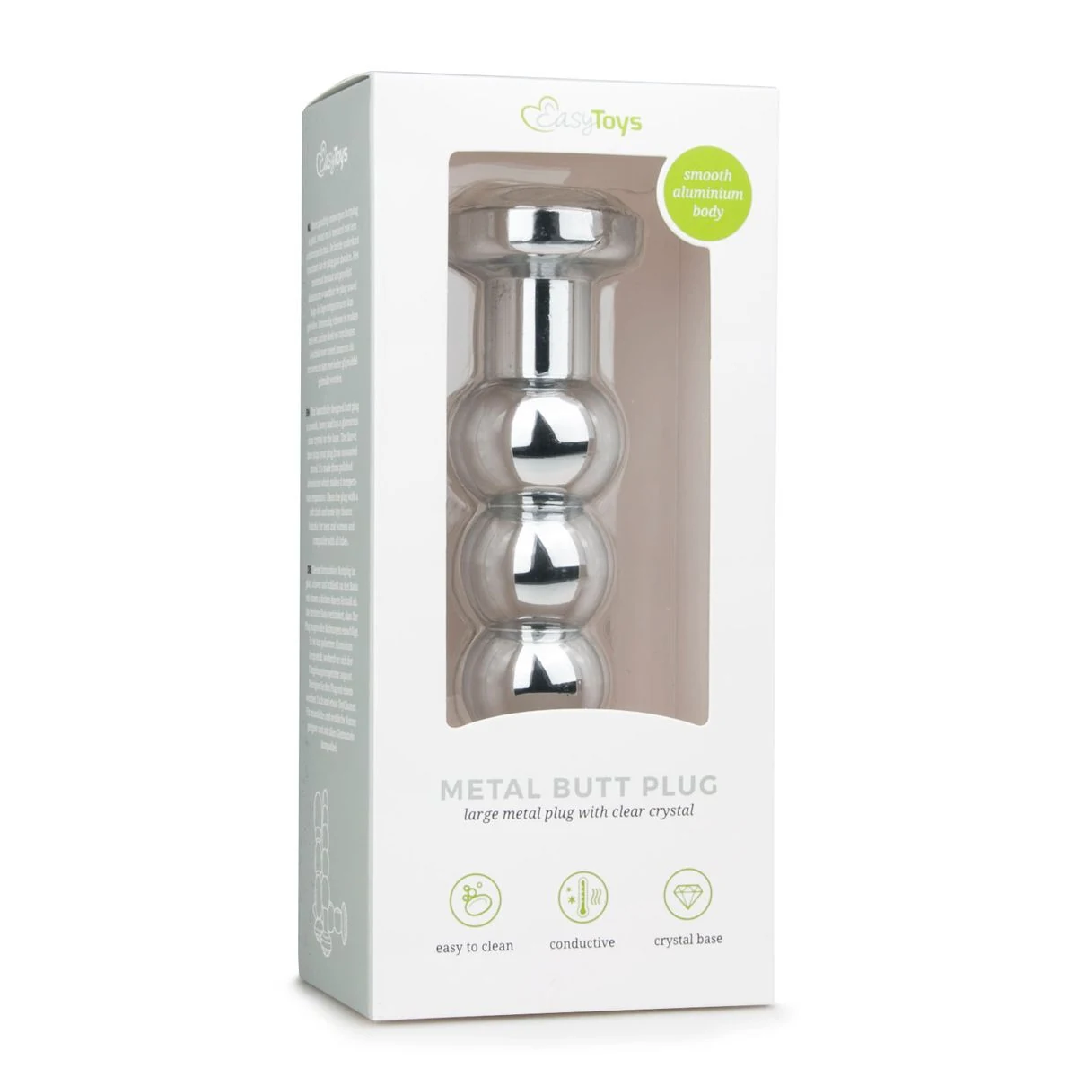 Metalen buttplug met geribbeld ontwerp, platte onderkant en transparante steen