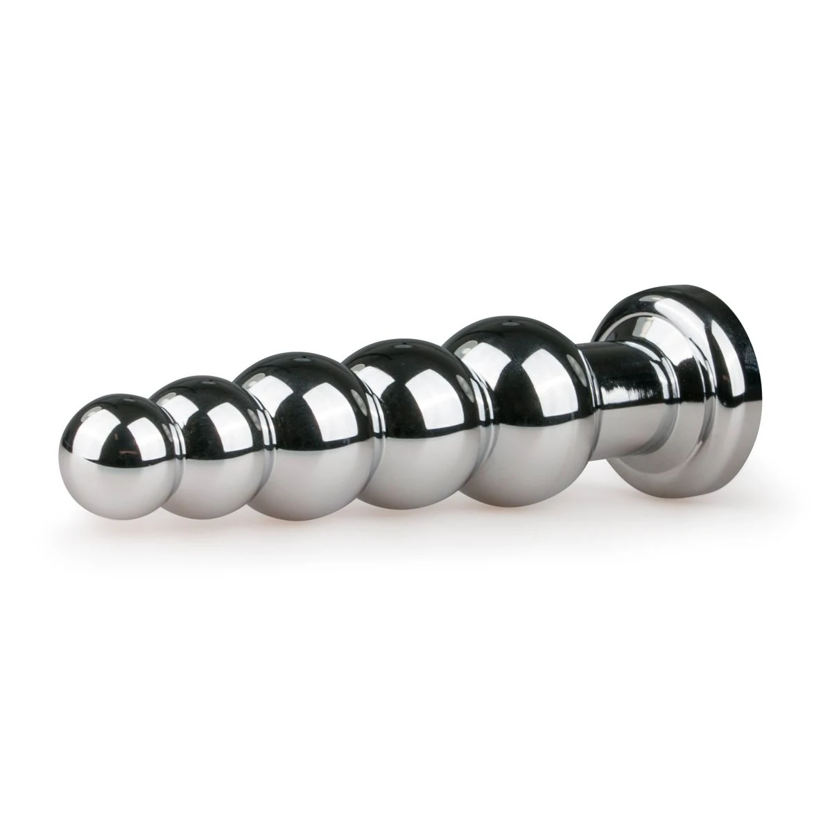 Zilveren metalen buttplug met lengte van 140 mm en maximale diameter van 32 mm