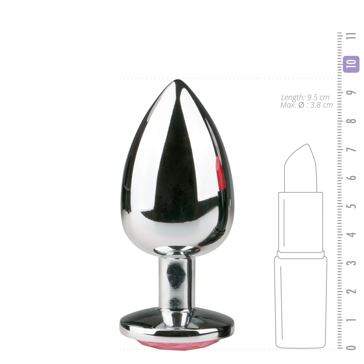 Metalen buttplug zilver roze, lengte 95 mm en maximale diameter 38 mm