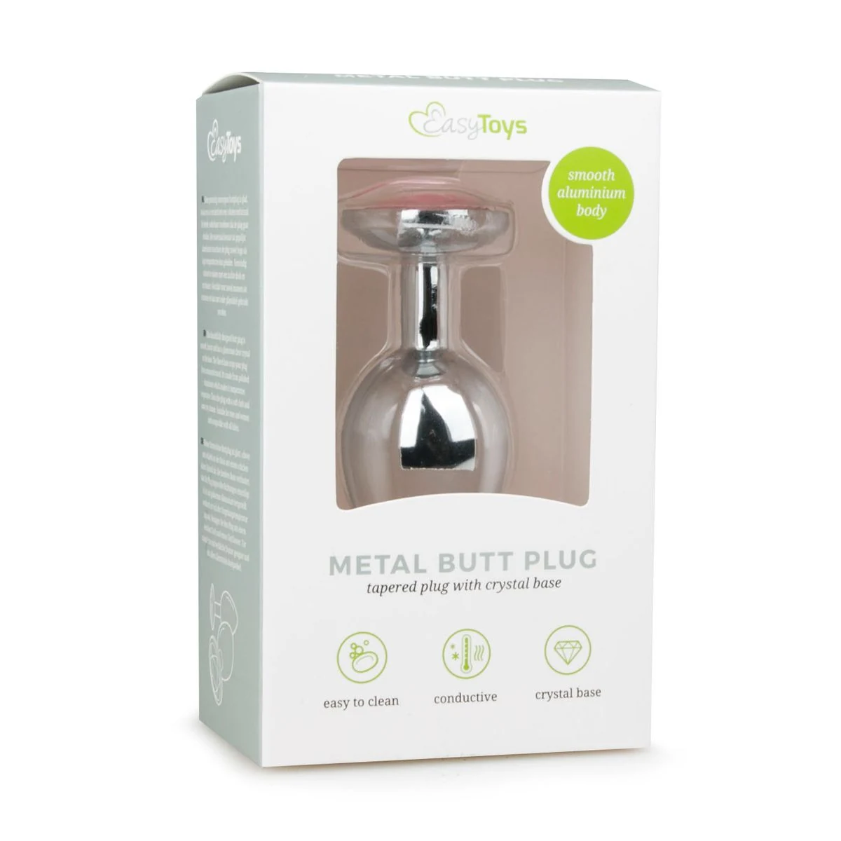 Metalen buttplug van aluminium met taps toelopende vorm, smalle hals en roze kristal