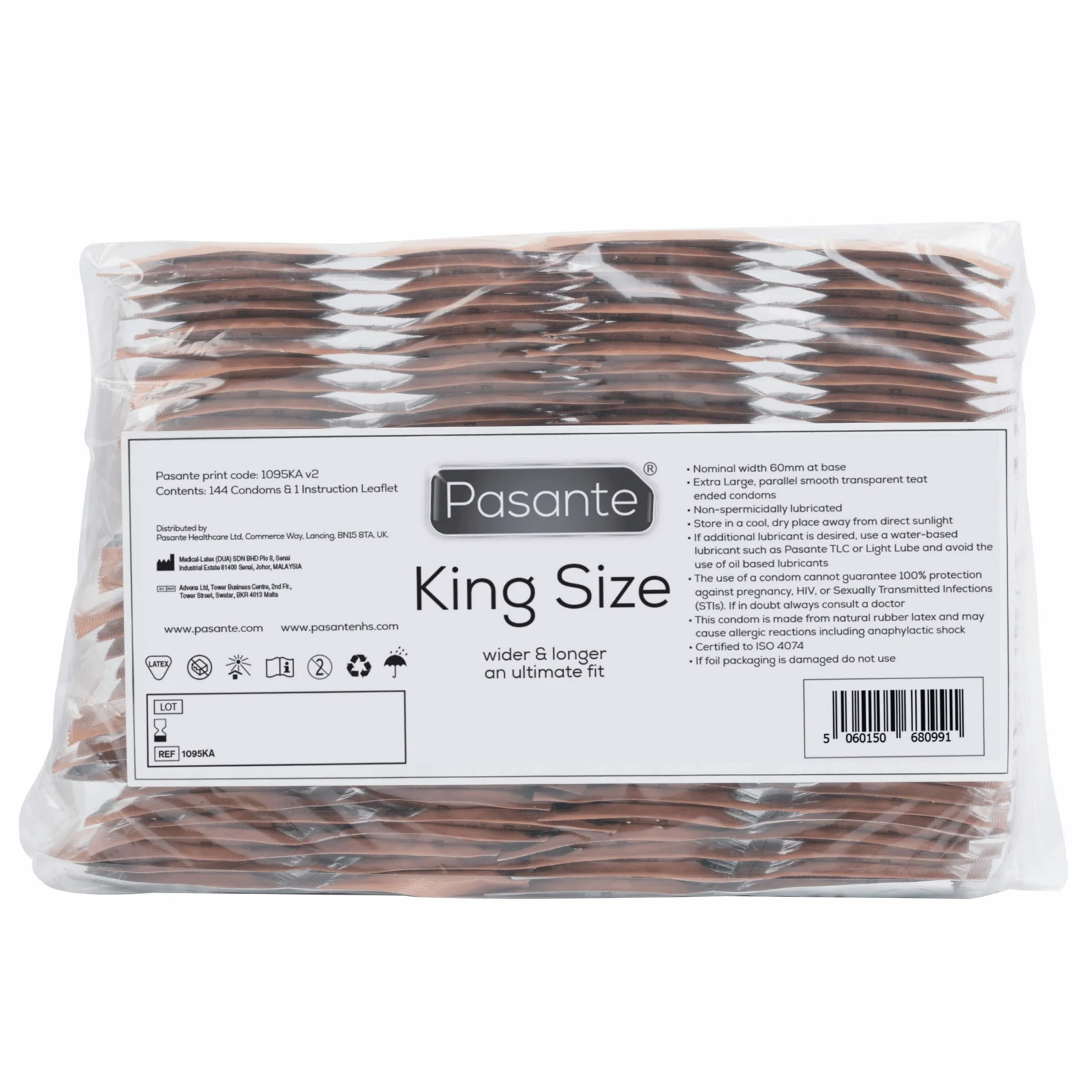 Pasante King Size Condooms grootverpakking met 144 transparante condooms van 60 mm breed