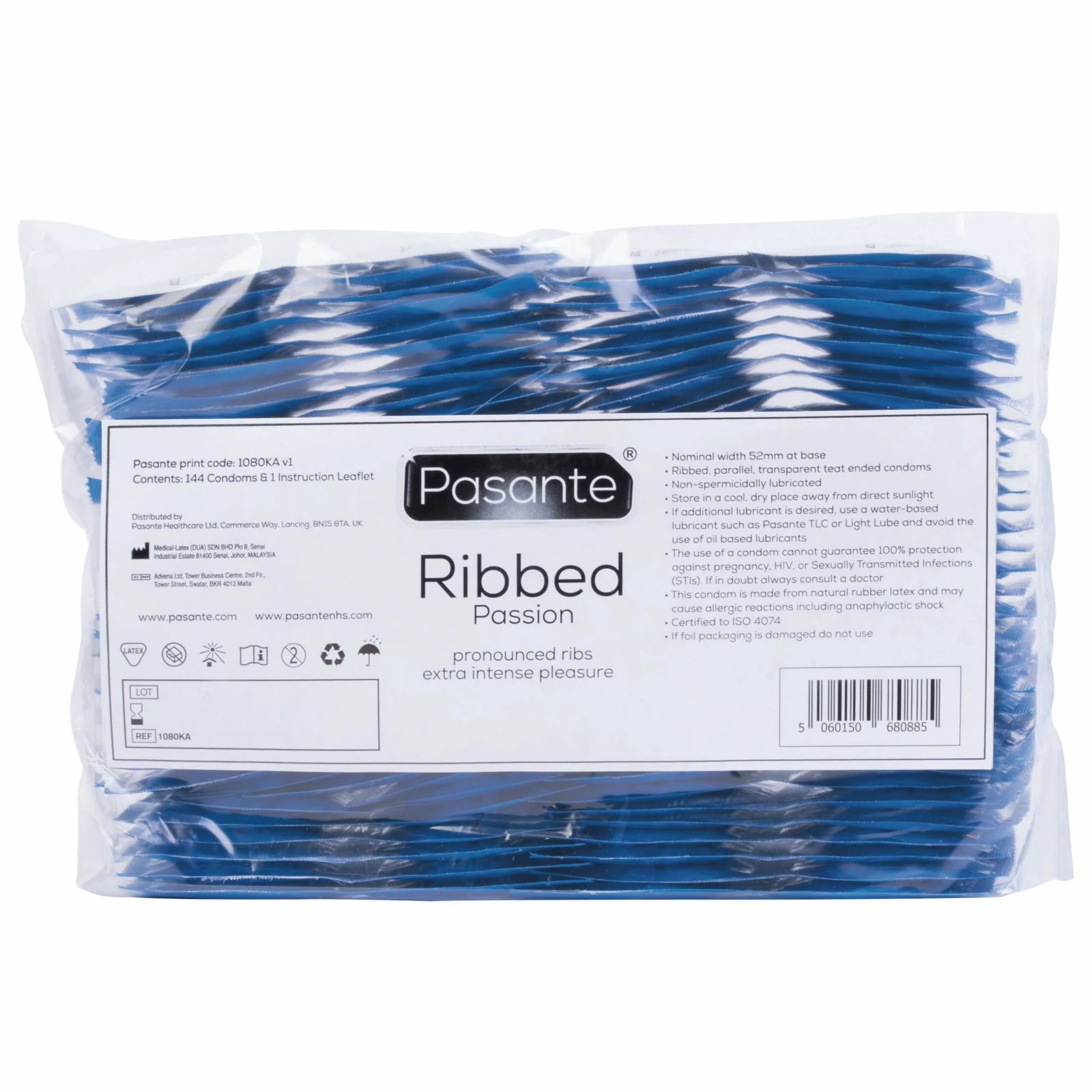 Pasante Ribbed Condooms, transparante condooms met reservoir en breedte van 52 mm