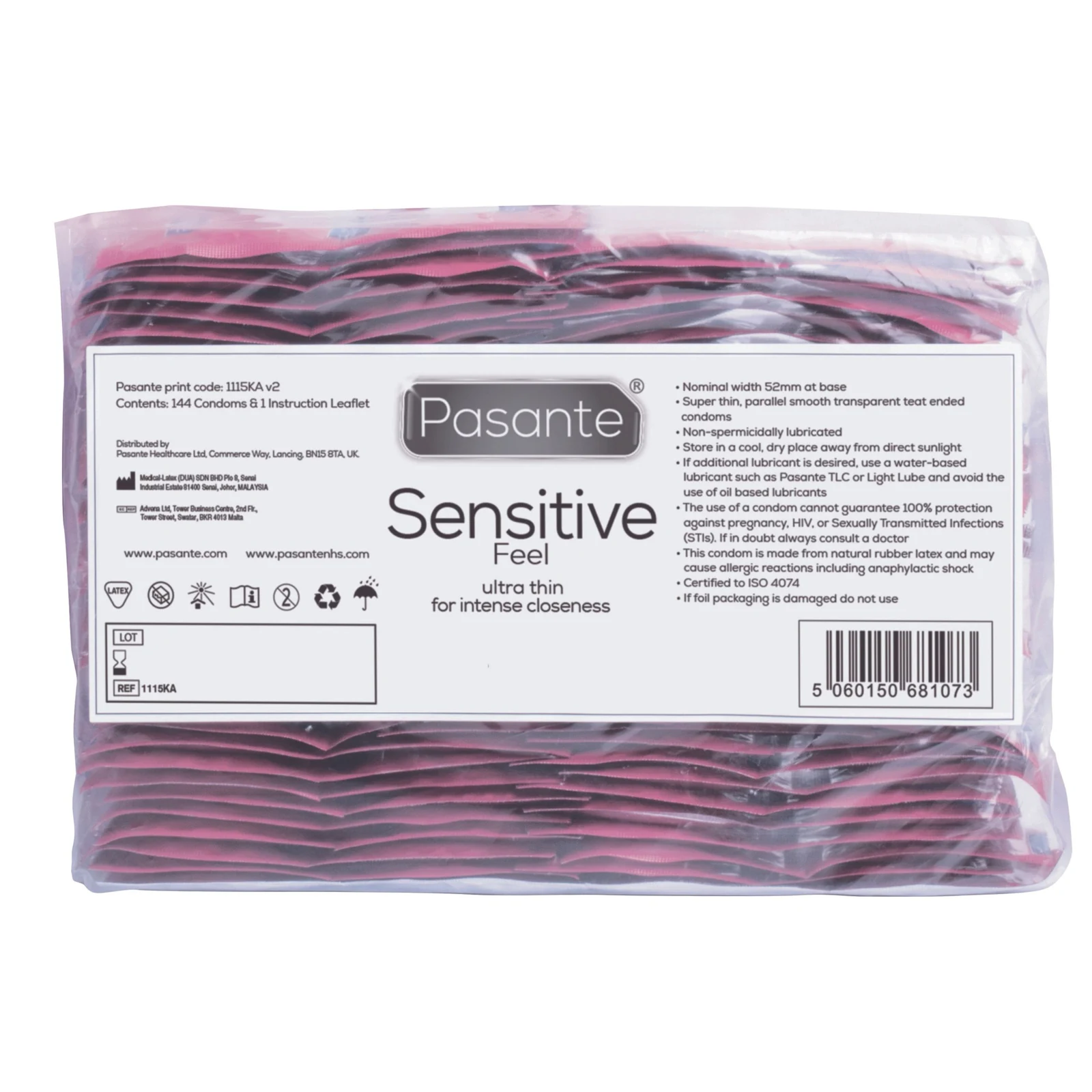 Pasante Sensitive Feel Condooms met glijmiddel en reservoir, 52 mm