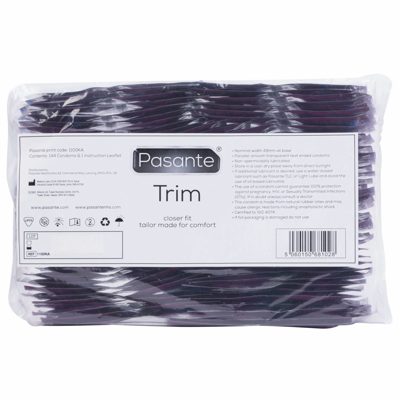 Pasante Trim condooms 144 stuks, transparant glad condoom met nominale breedte 49 mm