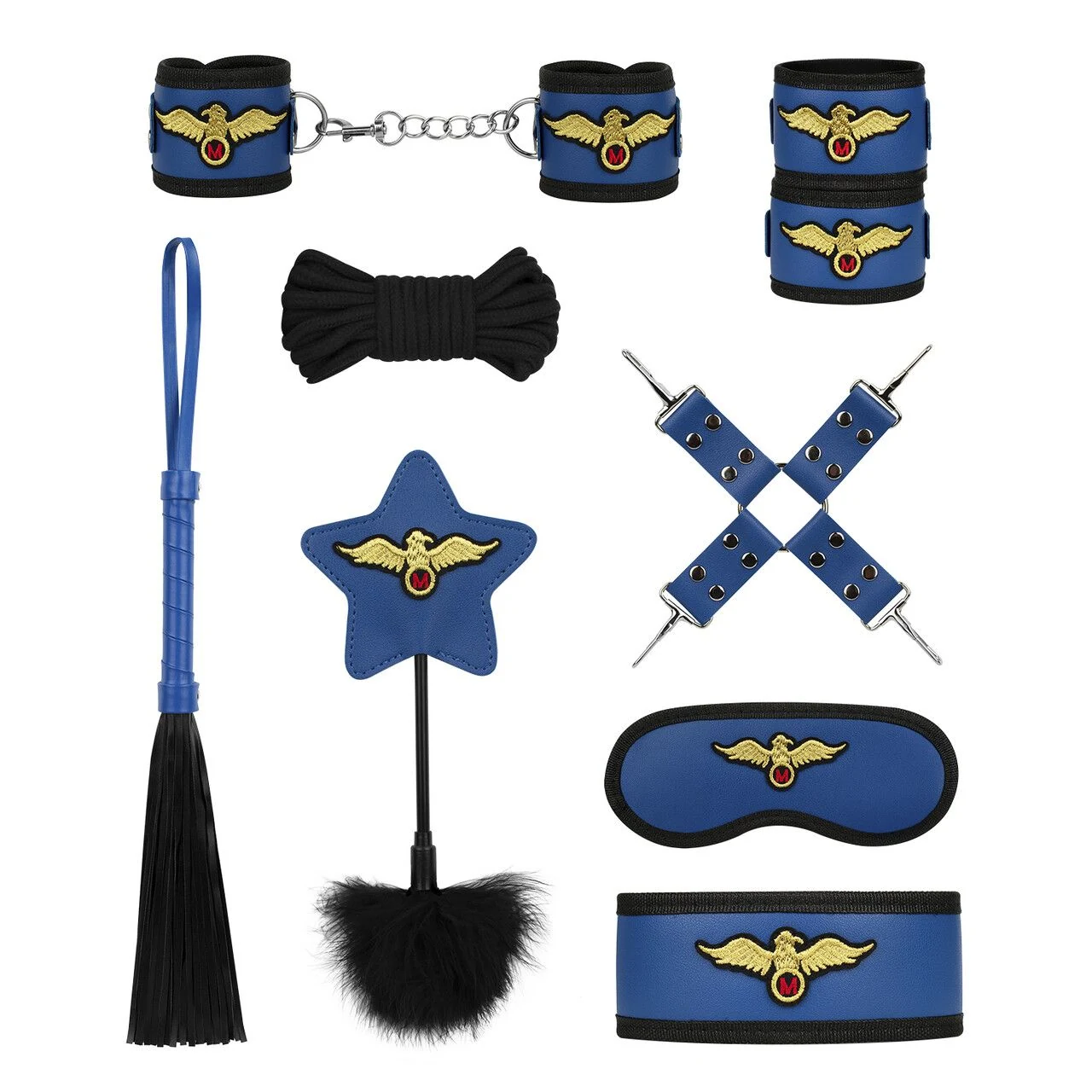Pilot's Passion SM Set, 11-delige blauwe BDSM bondage set met piloten thema