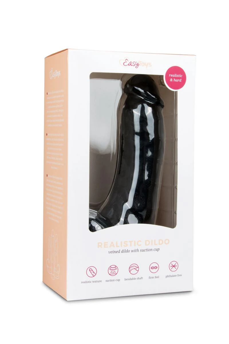 Zwarte realistische dildo met balzak, ronde top en geaderde schacht