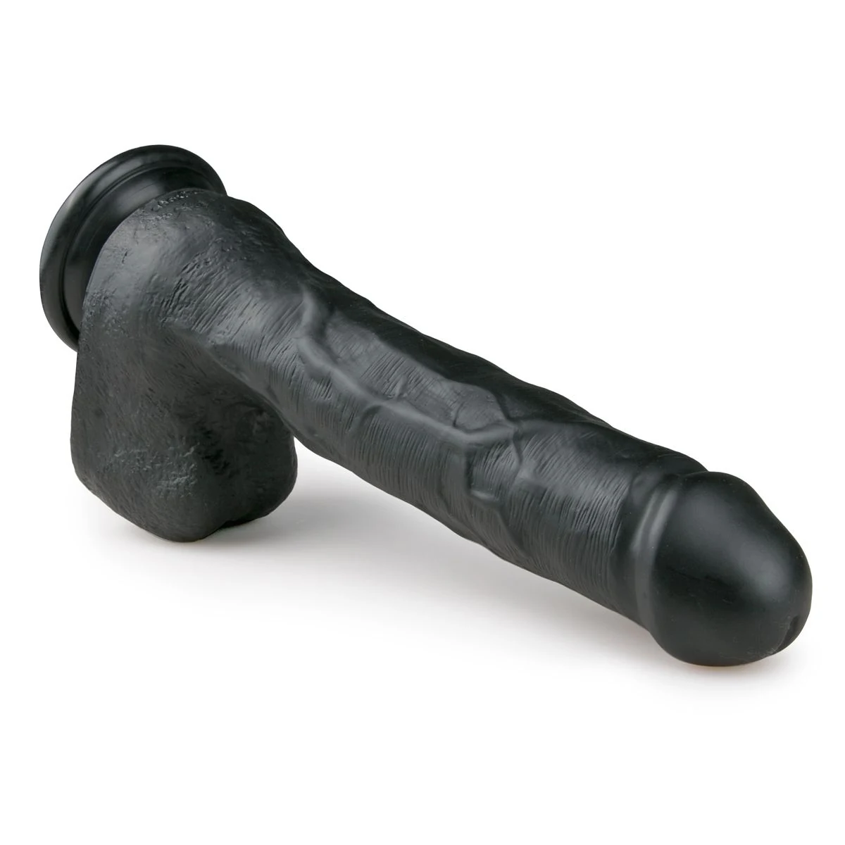 Grote zwarte dildo van PVC met gevormde aders en balzak
