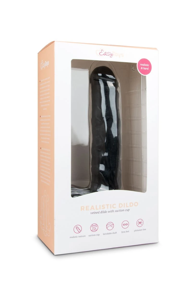 Zwarte realistische dildo met balzak, realistische eikel en aders op de schacht