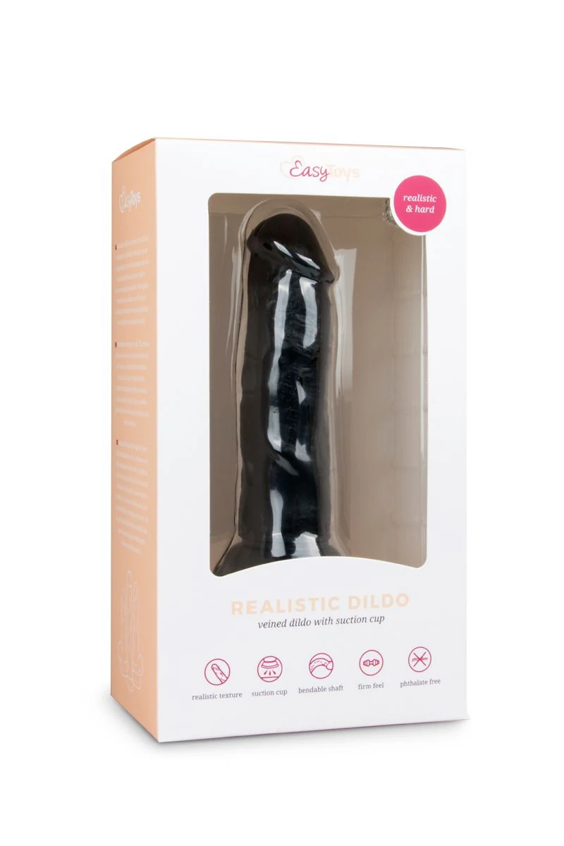 Zwarte realistische dildo met geaderde schacht en ronde eikel