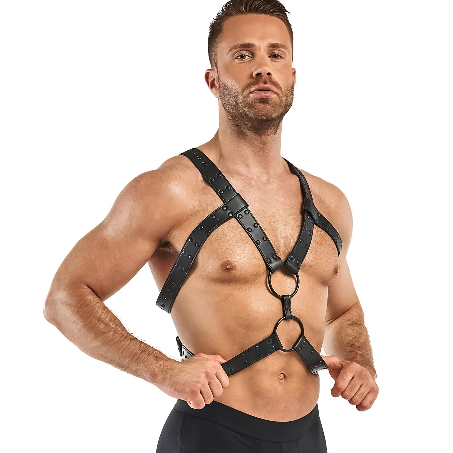 Zwart bondage harnas Rocco met schouderband 34-50 cm en tailleband 38-56 cm