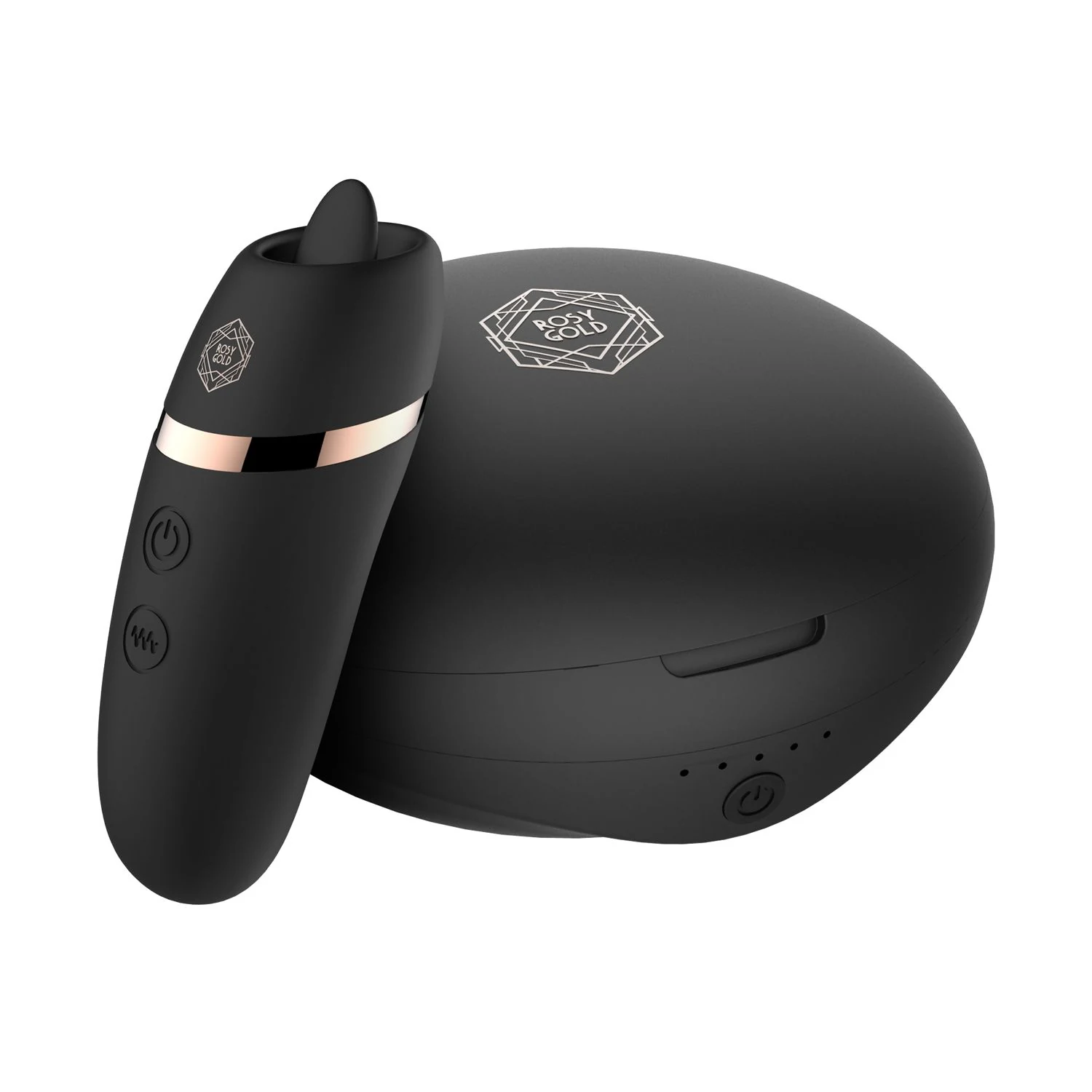 Rosy Gold licking stimulator zwart met luxe oplaadcase