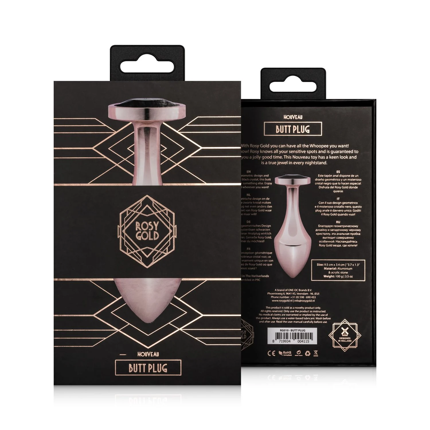 Rosy Gold Nouveau Butt Plug met zwarte kristal en acrylglas details