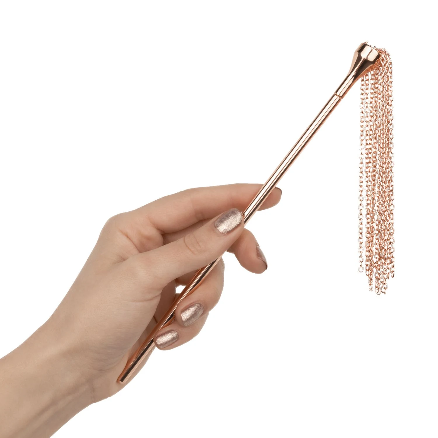 Rosy Gold tikkelaar met veren en zweep voor plagen en slaan