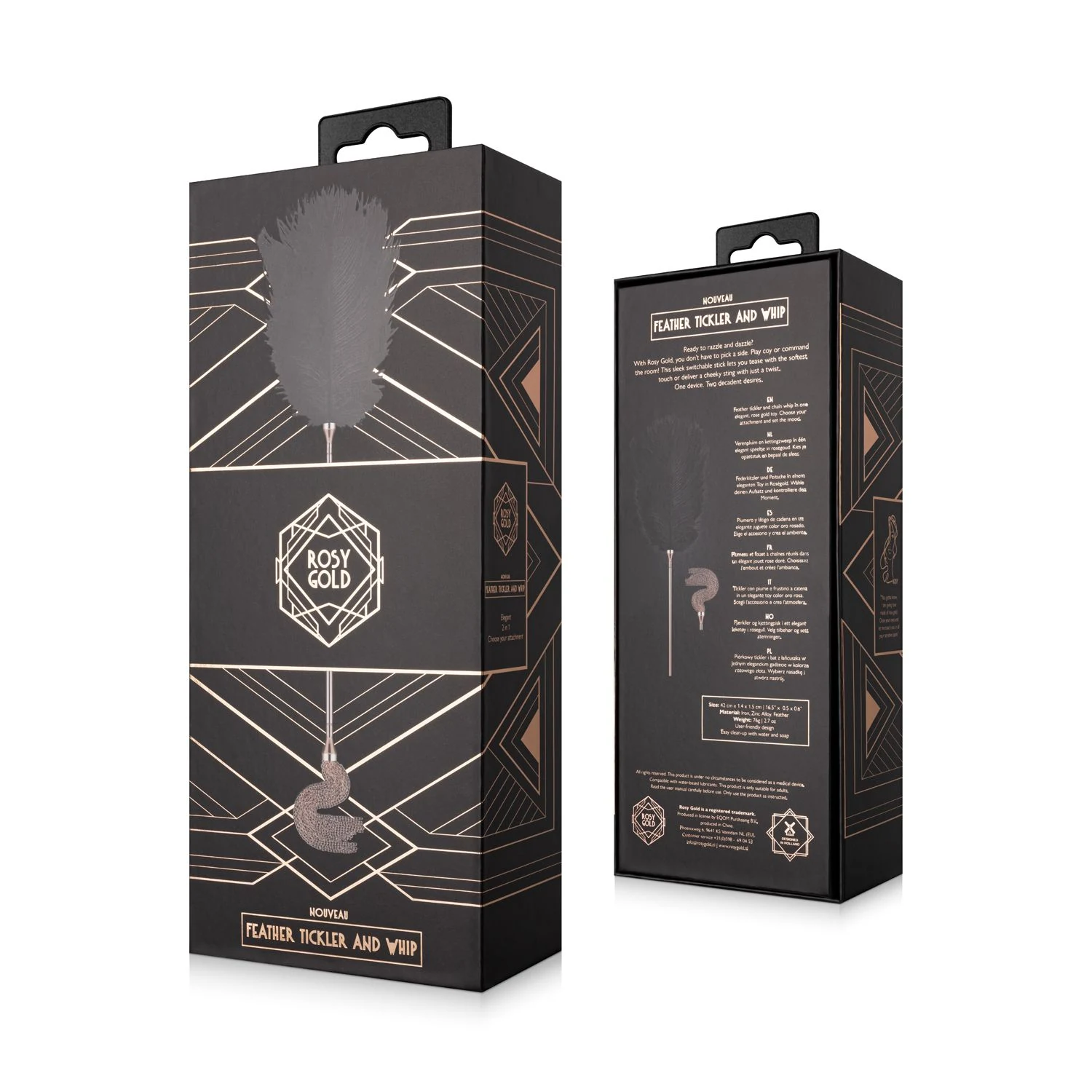 Unisex Rosy Gold BDSM accessoire met veren tikkelaar en zweep