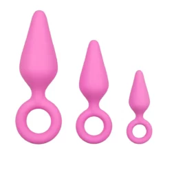 Roze buttplug set van 3 met trekring van siliconen