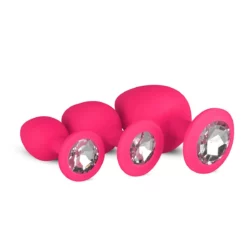 Roze siliconen buttplug set met drie maten en glinsterende steen