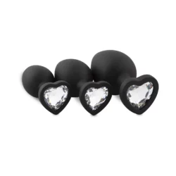 Siliconen buttplug set met 3 zwarte plugs en glinsterende steen