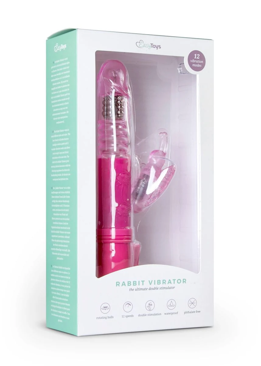 Roze stotende butterfly vibrator met clitoris stimulator en kralen in de schacht