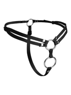 Strap U dubbele penetratie strap on harnas met twee ringen, zwart nylon