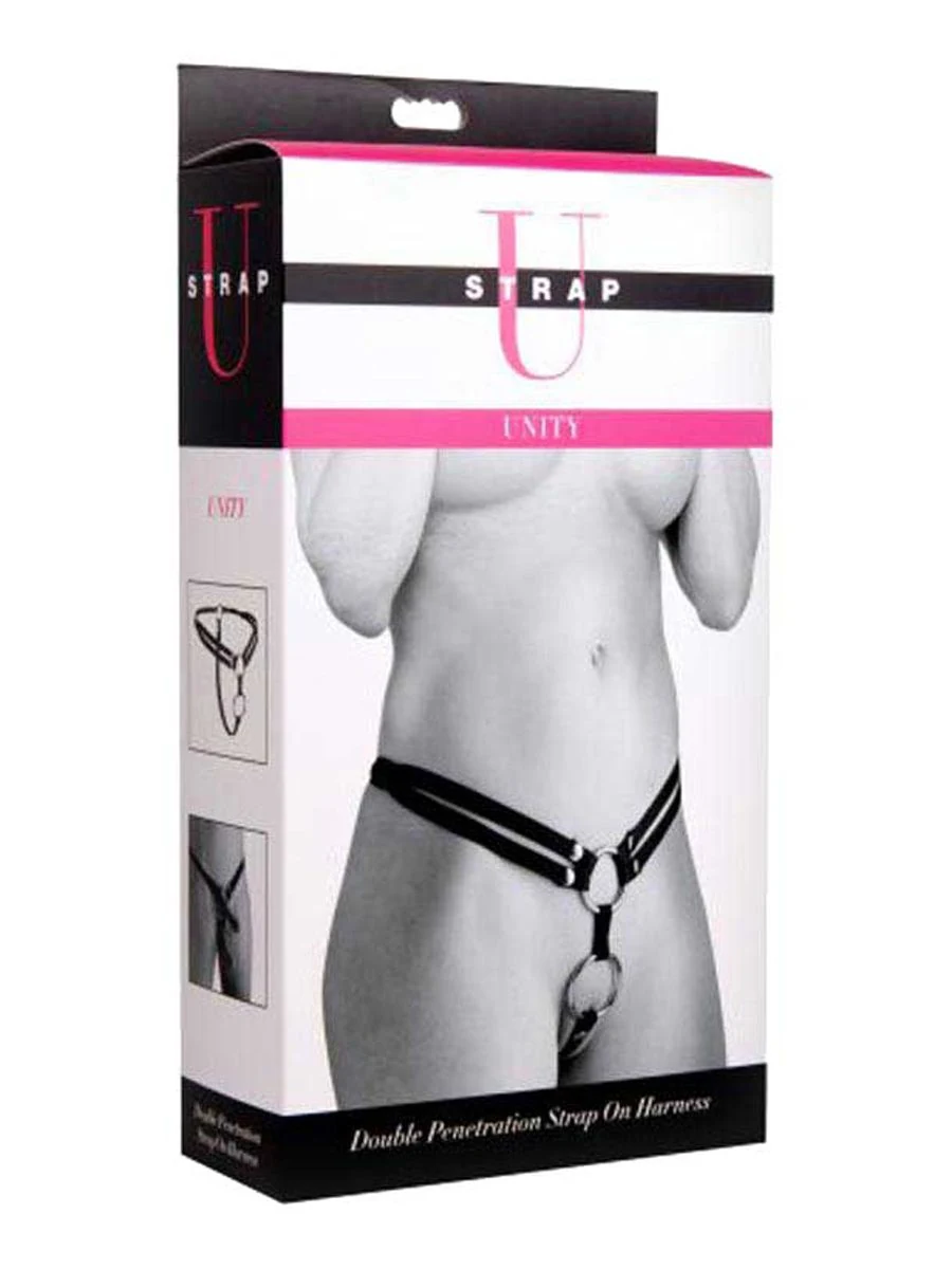 Strap U harnas met metalen en siliconen ringen, exclusief dildo's