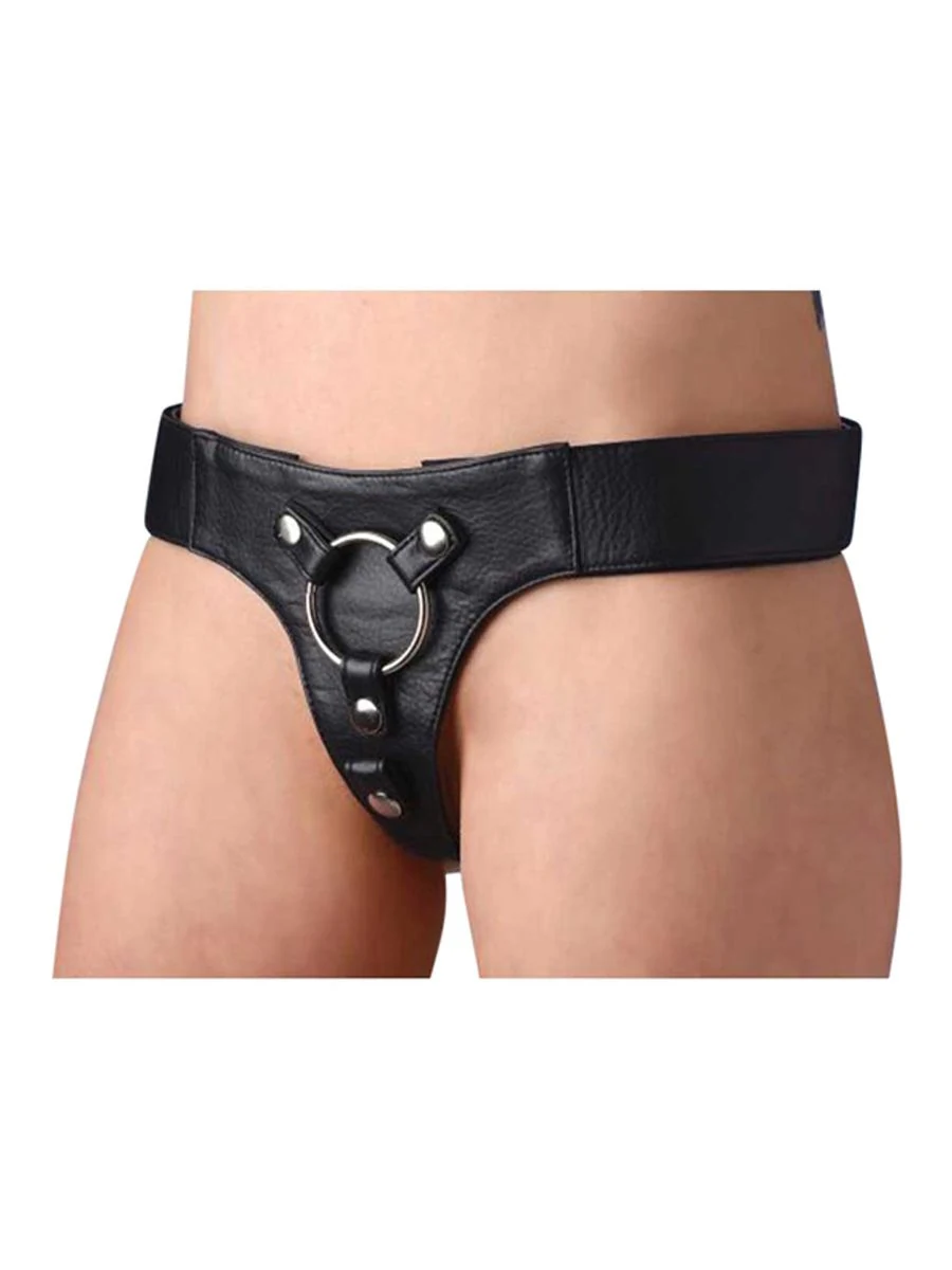 Zwart leren strap-on harnas van Strap U met verstelbare bandjes