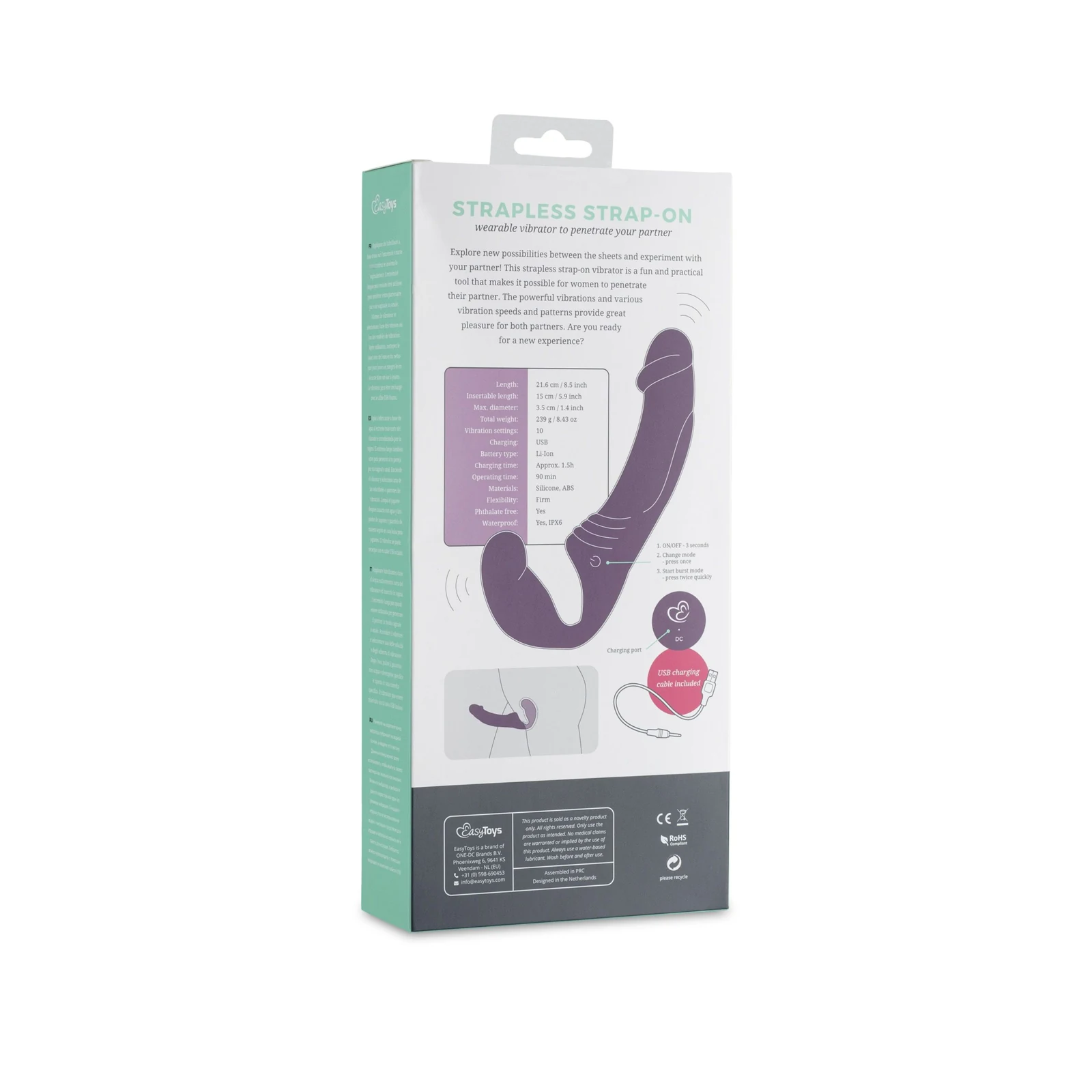 Oplaadbare strapless strap-on vibrator paars geschikt voor koppels Hem + Haar en Haar + Haar
