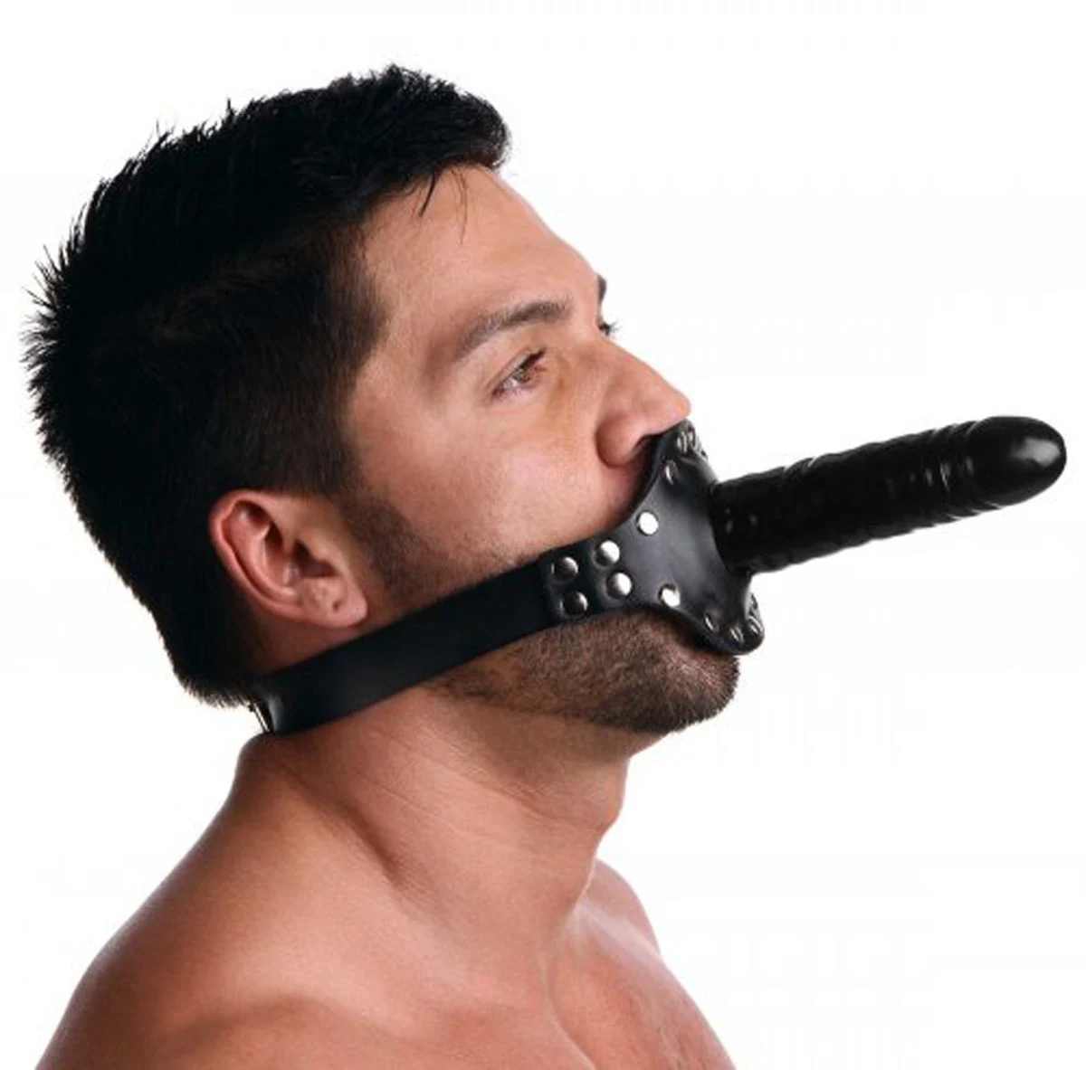 Dildo mondstuk met riem zwart met gebitsbeschermer en studs