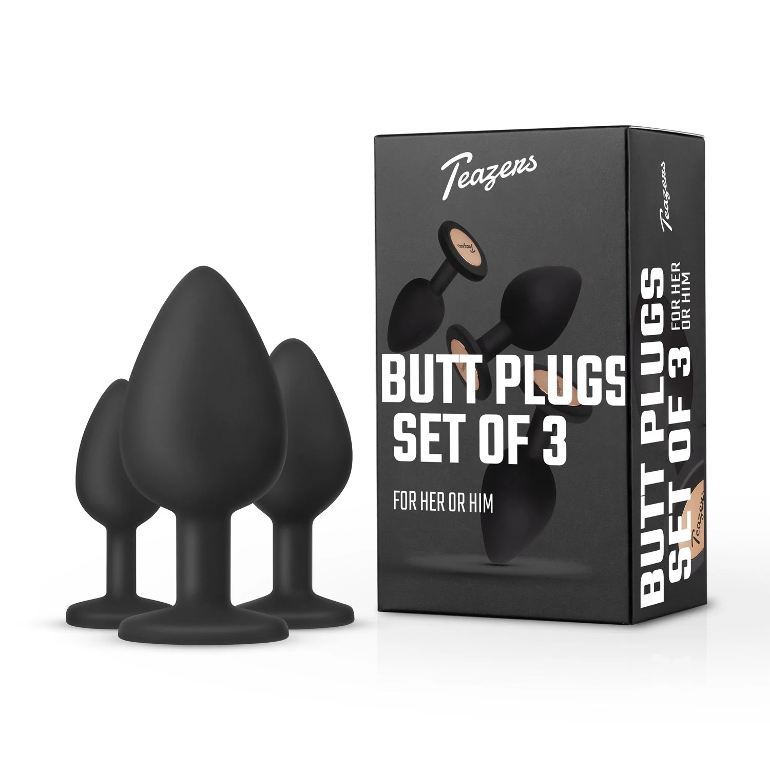 Zwarte Teazers buttplug set met drie verschillende formaten
