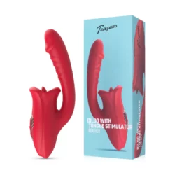 Teazers dildo met clitoris stimulator, rood siliconen sextoy met vibratie en likkende tong