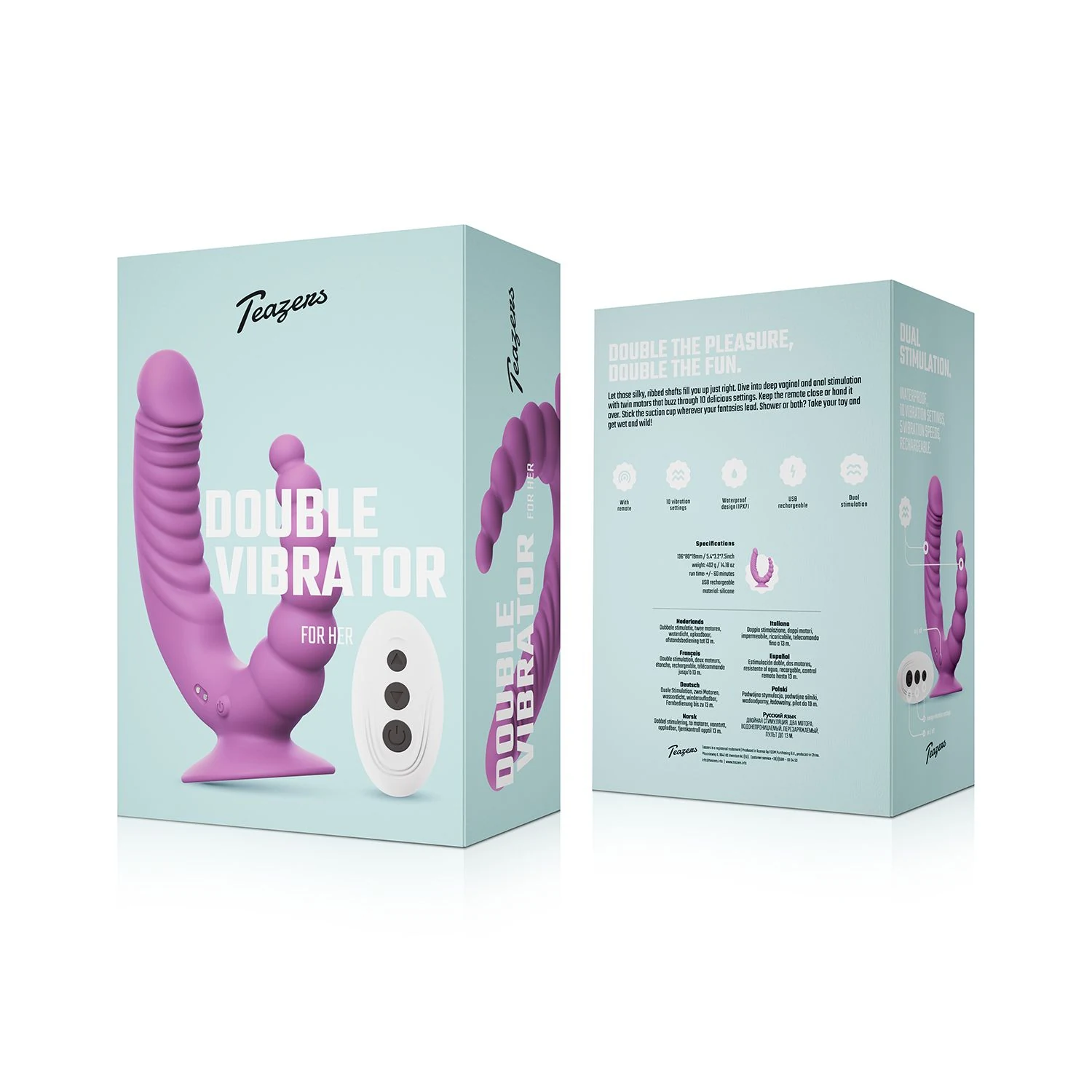 Dubbele vibrator met zuignap, 10 standen en USB-oplaadkabel