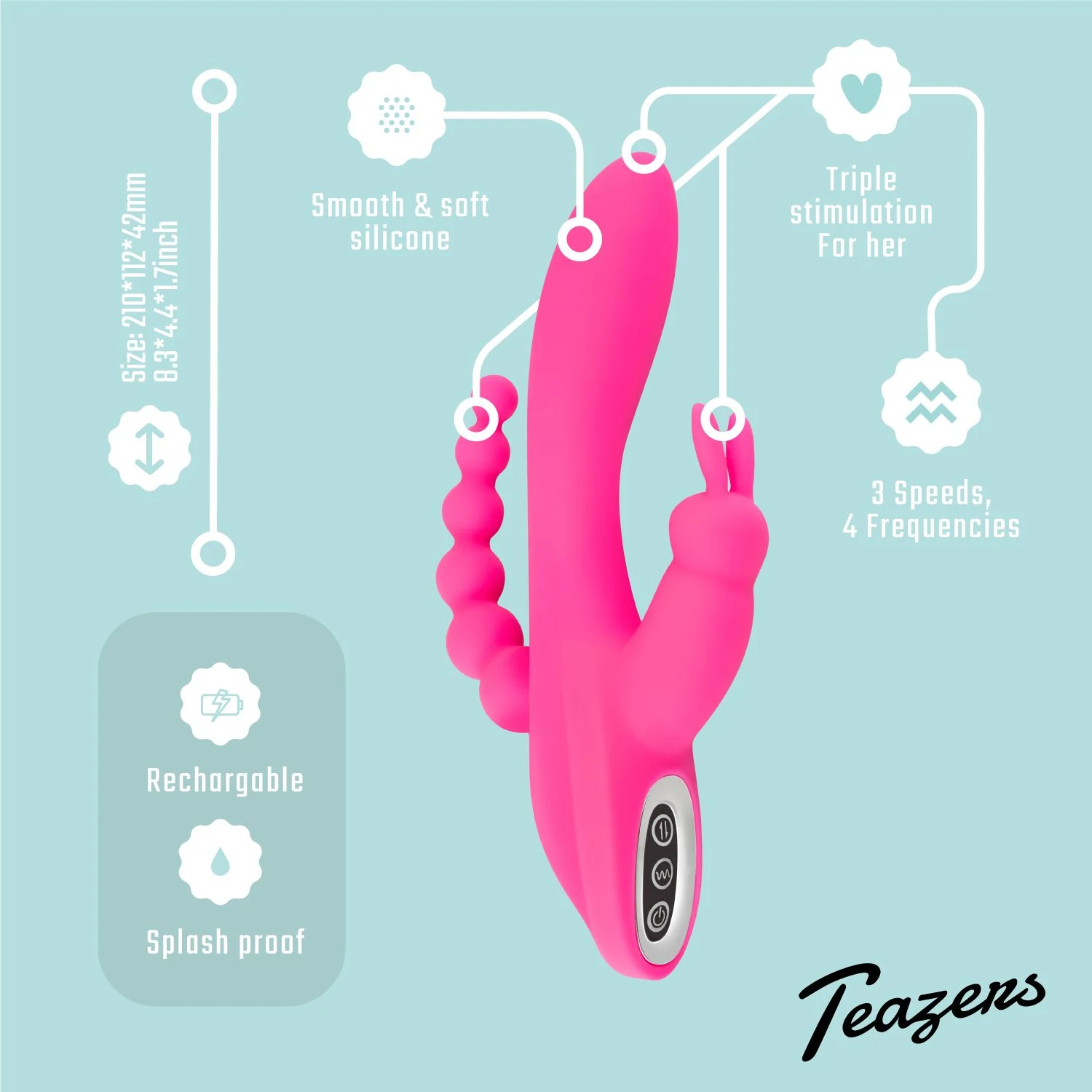 Teazers dubbele rabbit vibrator roze, geschikt voor waterbasis glijmiddel