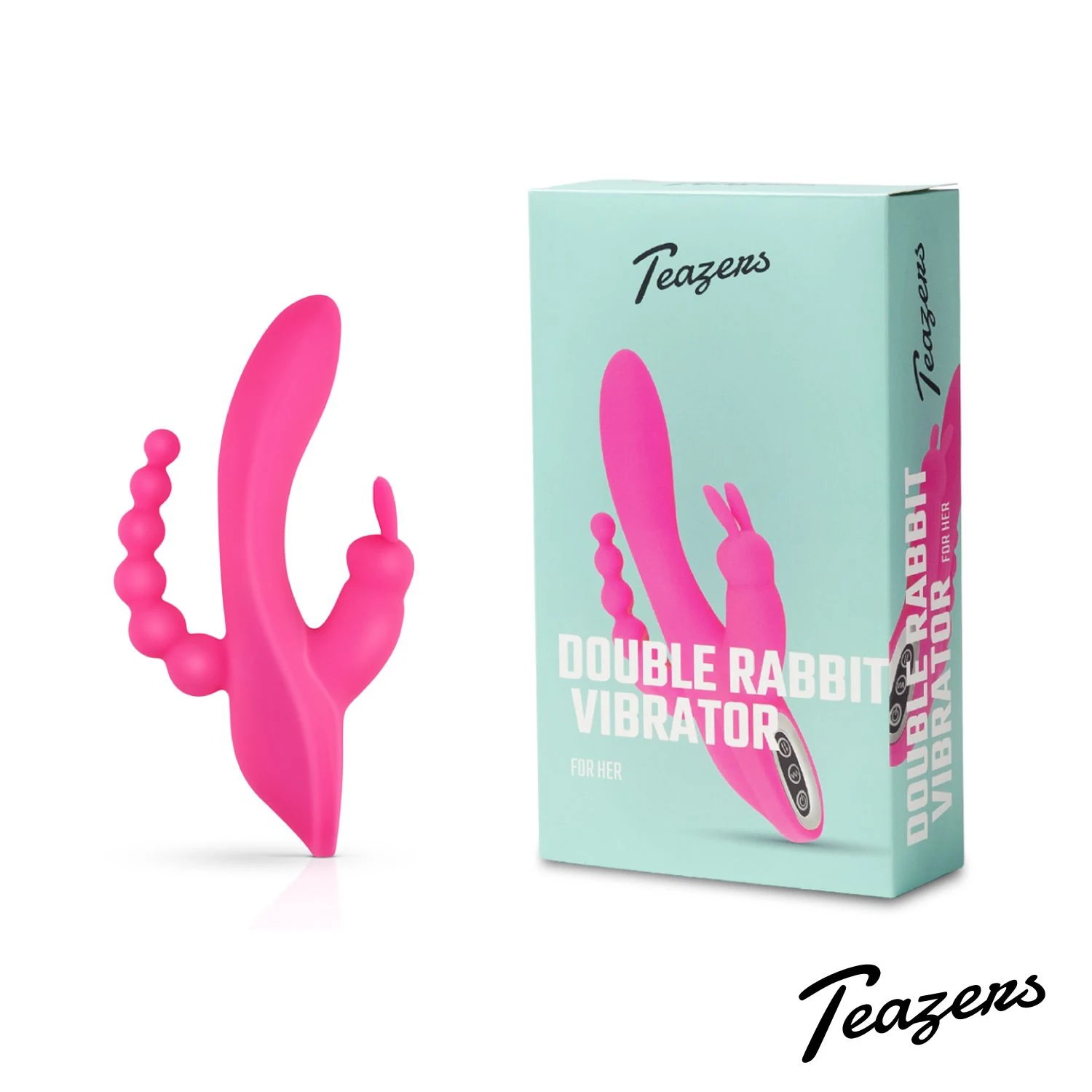 Teazers dubbele rabbit vibrator roze van lichaamsveilig siliconen