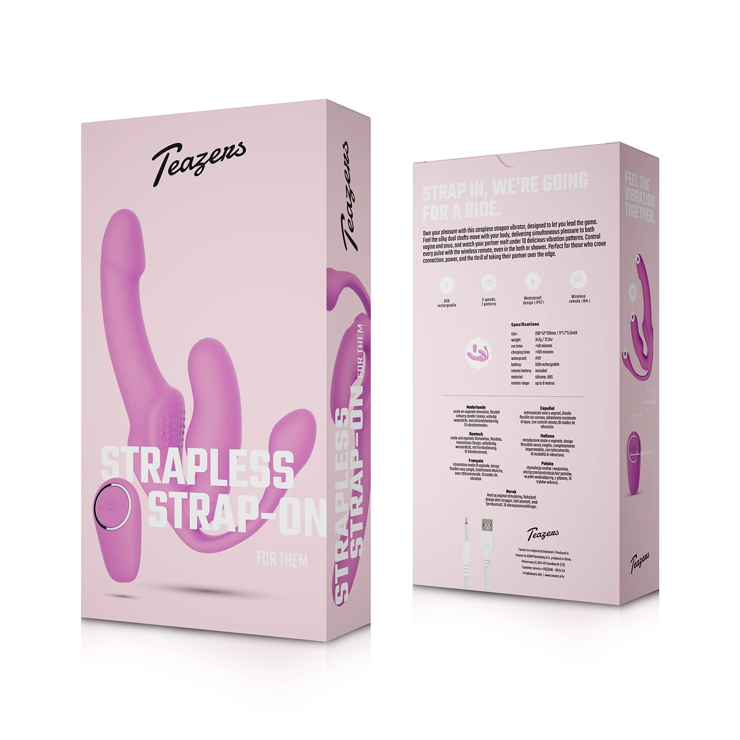 Teazers Pink strapless strap-on met batterijduur van 50 minuten