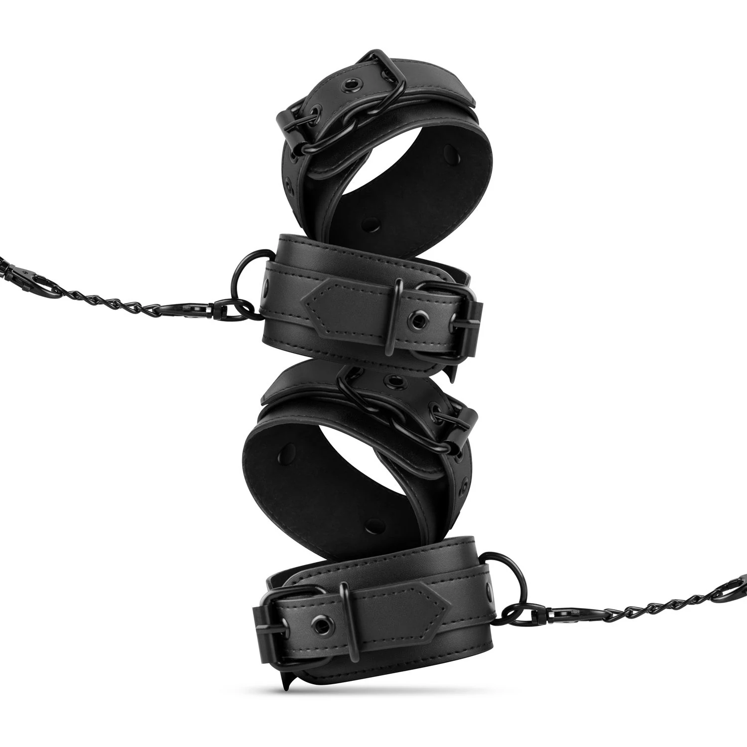 Zwarte bondage set met kunstleren collar, lijn, handboeien en enkelboeien