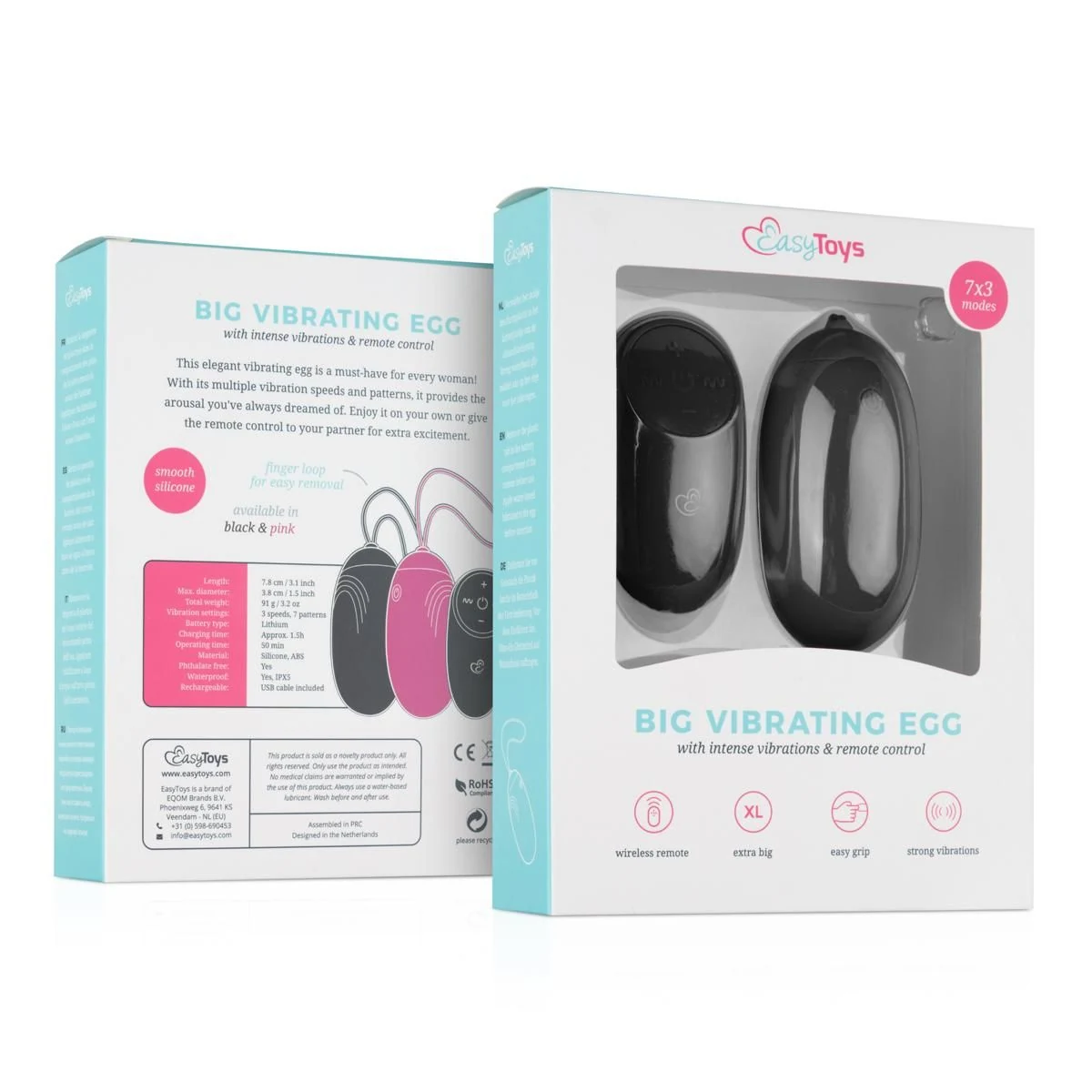 Zwart XL vibratie-ei met afstandsbediening, 160 mm lengte en 38 mm diameter