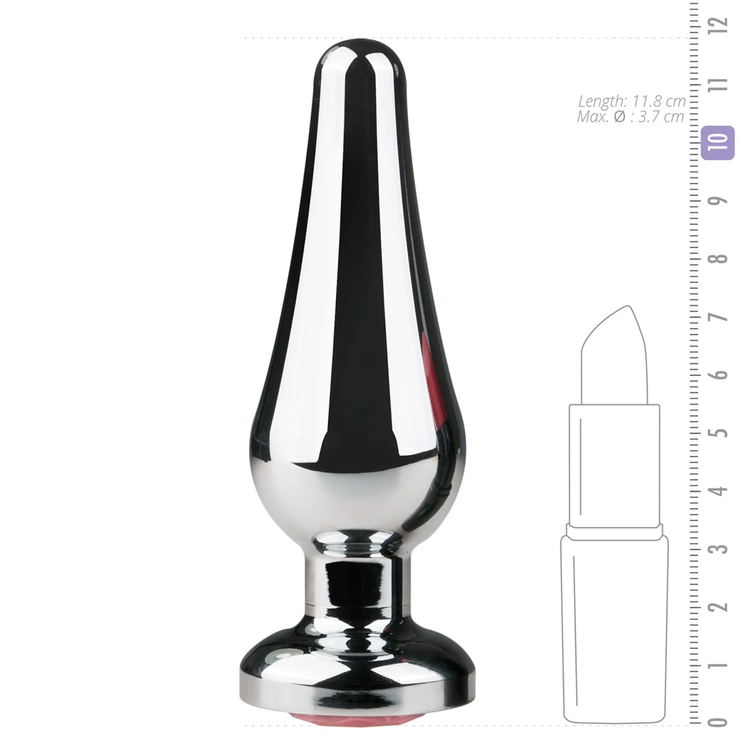 Zilverkleurige metalen buttplug met roze kristal, lengte 118 mm