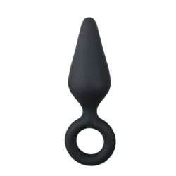 Zwarte buttplug met trekring medium van siliconen