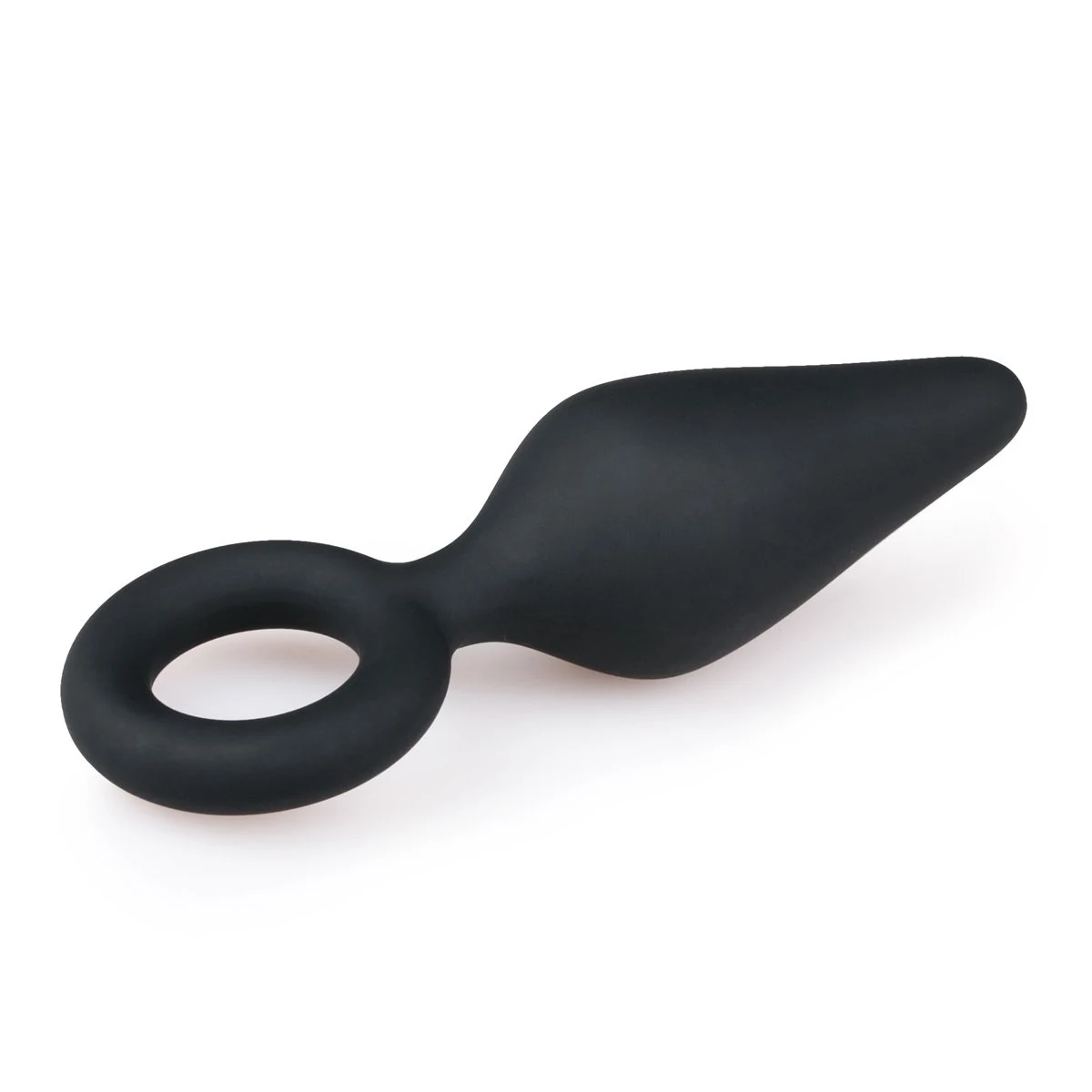 Zwarte siliconen buttplug met trekring, lengte 120 mm