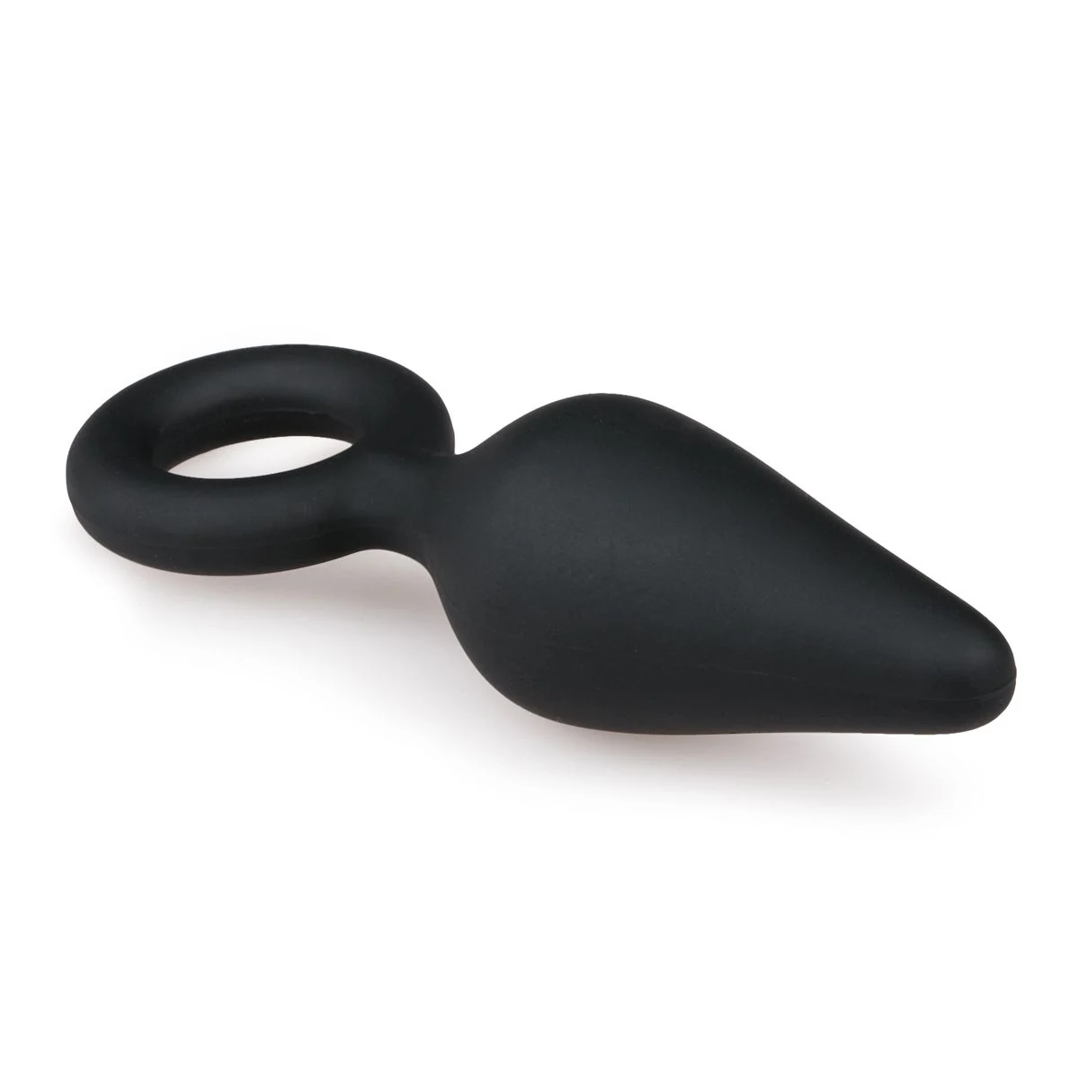 Kleine zwarte buttplug met puntige top en trekring