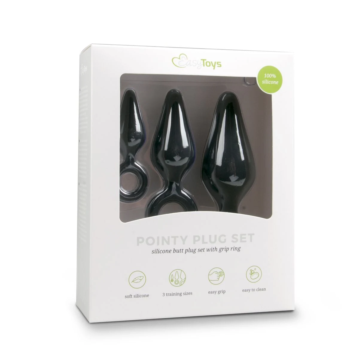 Set zwarte siliconen buttplugs met trekring in drie verschillende maten