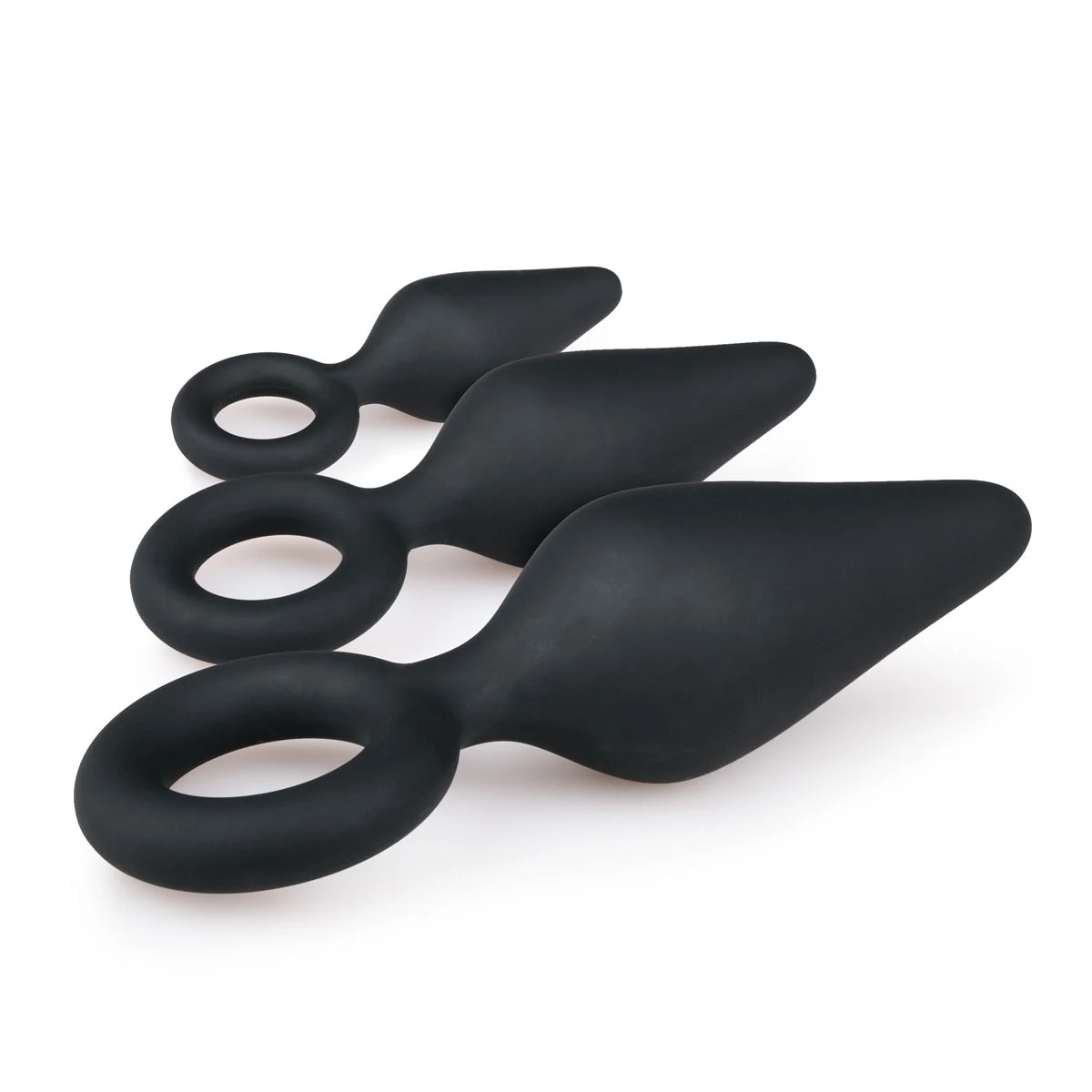 Zwarte siliconen buttplugs met glad design en puntige top