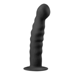Zwarte siliconen dildo met zuignap van 14 cm, geribbelde schacht en ronde bovenkant